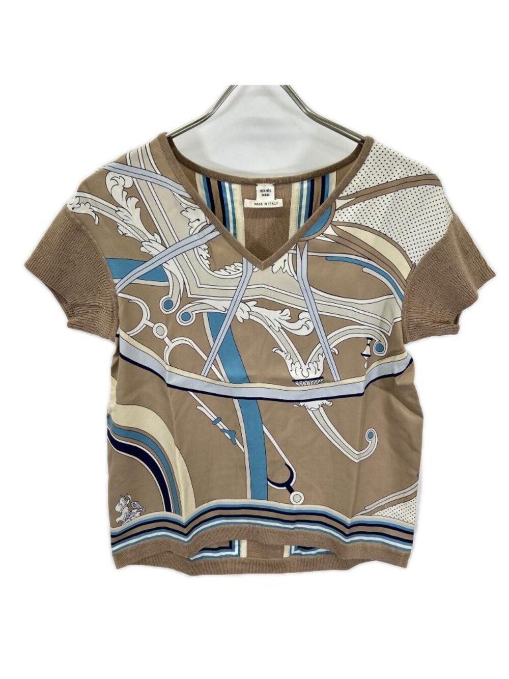 Hermes Silk Print Knit Contrast V-neck Top Sweater 36